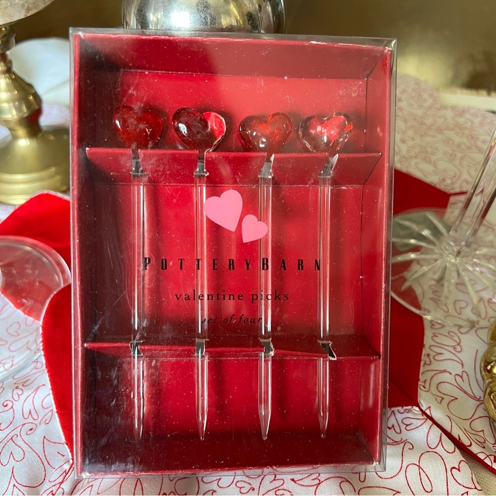 Pottery Barn 4 Glass Heart Valentine Picks w/Box